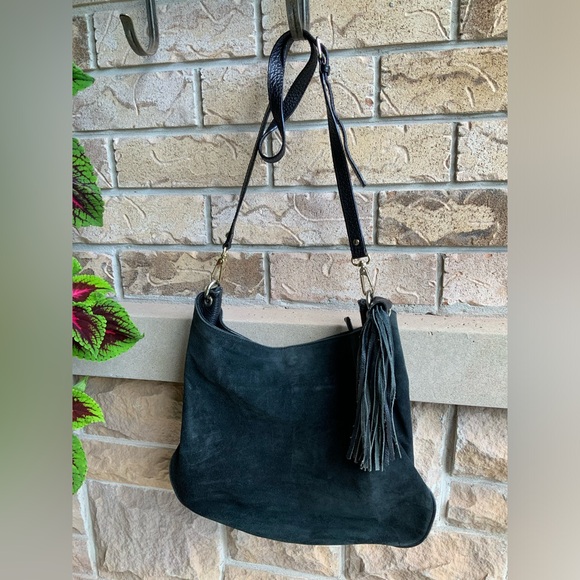Bohemian SIMONS Nubuck Suede Pebbled Leather Black Hobo Slouchy Cross Body Purse - Picture 5 of 16